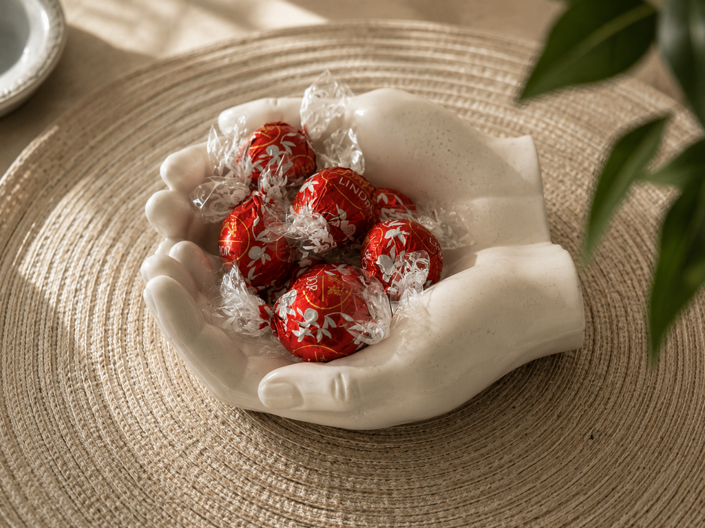 The Giving Hands tray holding Lindt chocolates