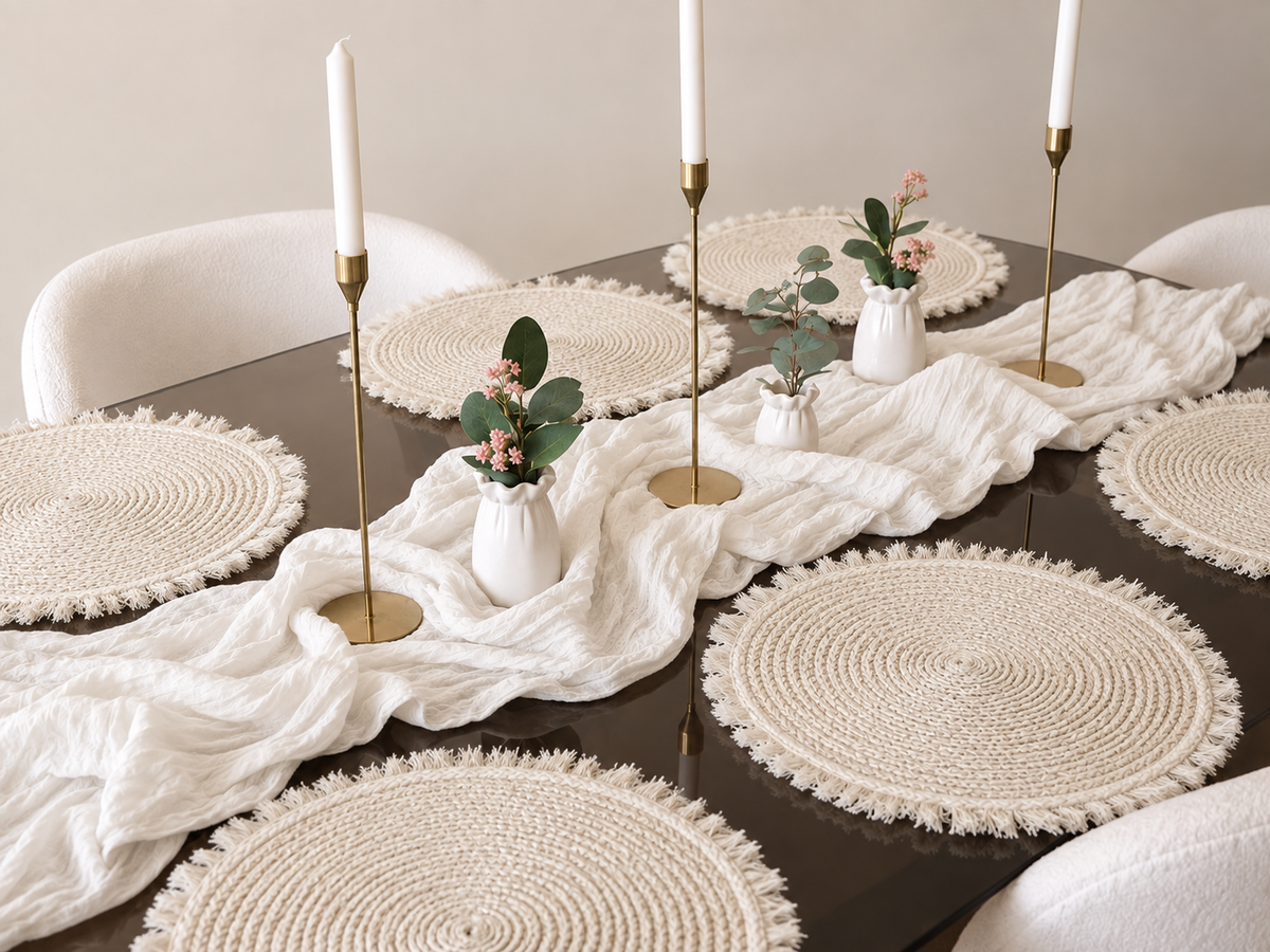 White fringe woven round placemats styled on a dark dining table with brass candlesticks and a linen runner