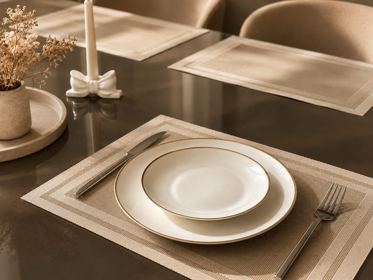 Square light brown woven placemat styled with white gold-rimmed dinnerware on marble surface