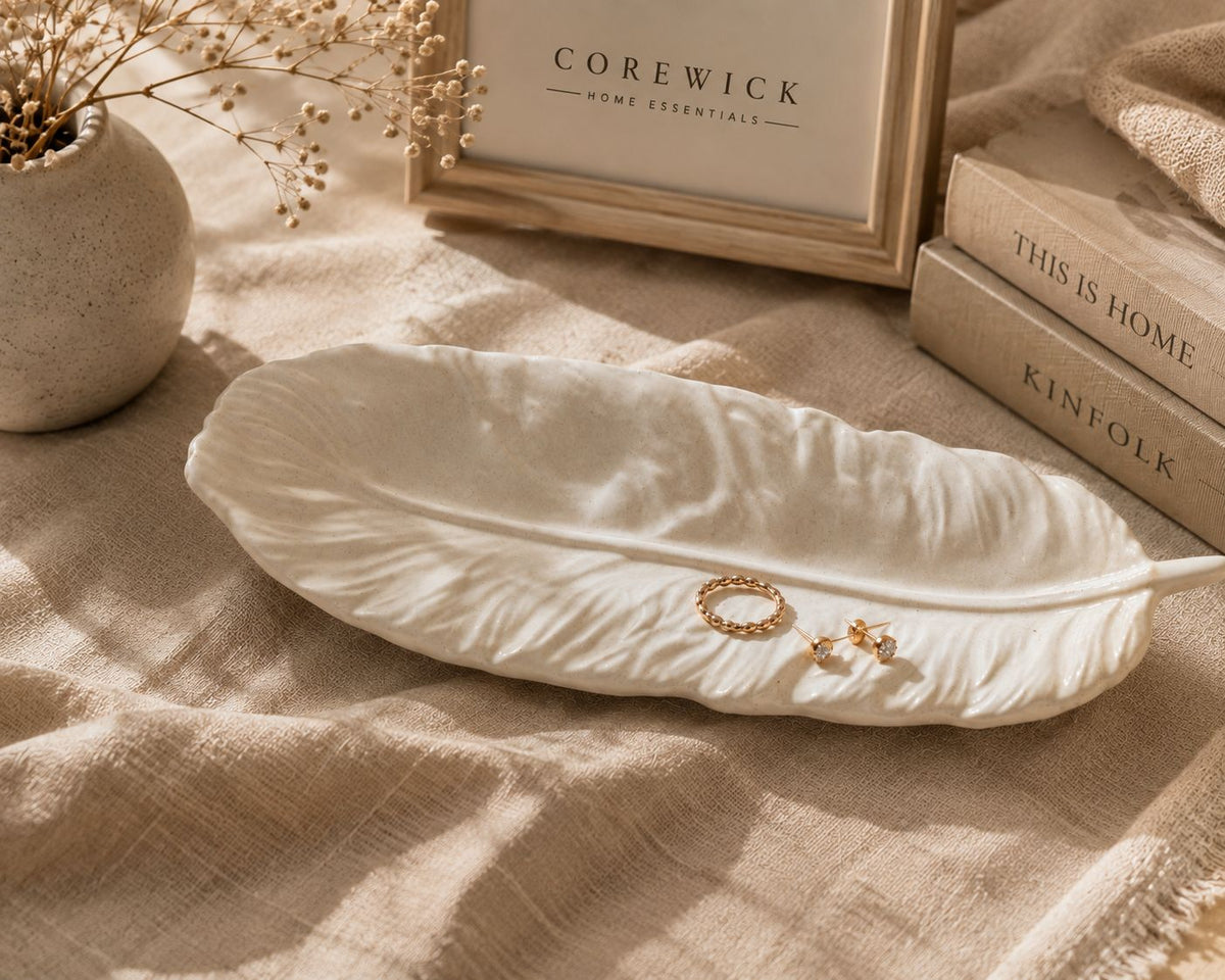 White feather leaf tray styled with gold ring and earrings on linen background