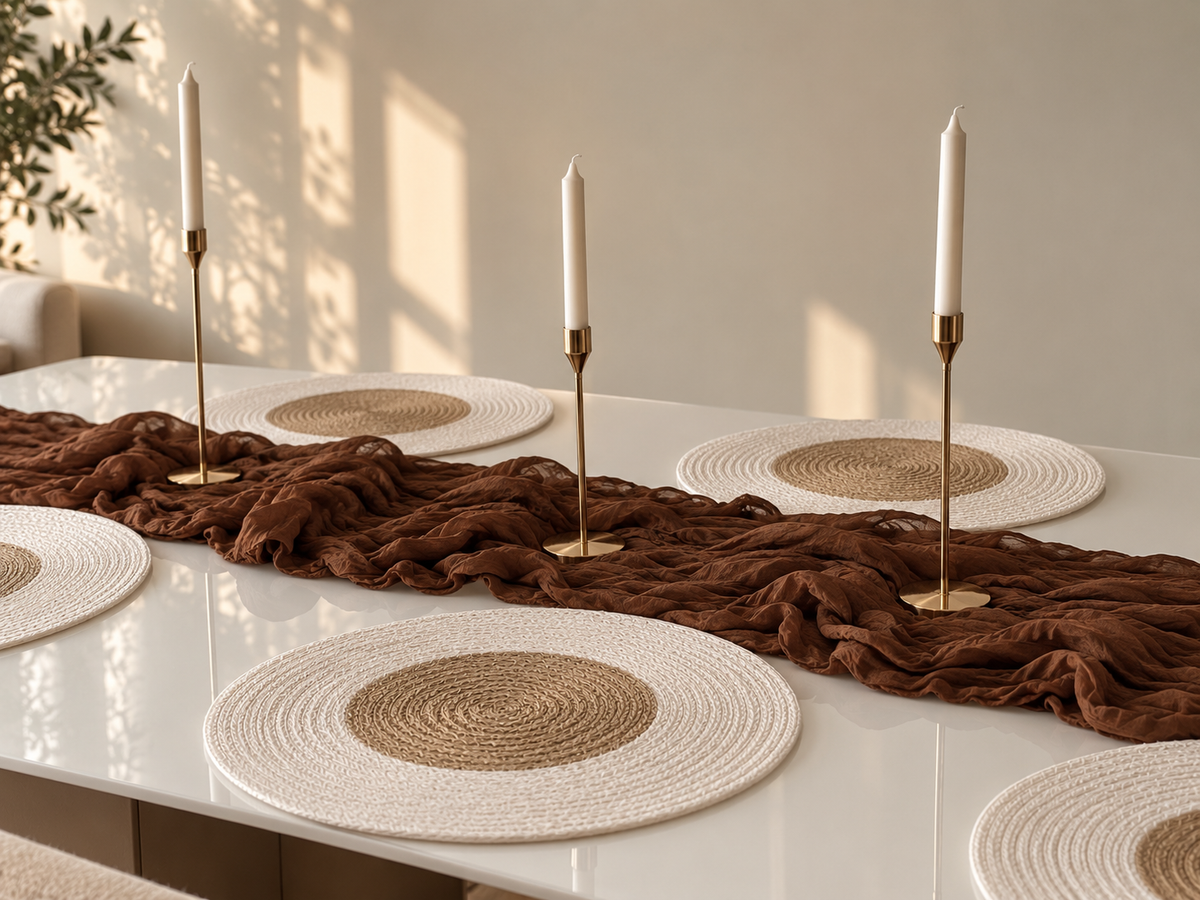 Round two-tone woven placemats with white border and jute centre, styled with a brown linen runner and brass candlesticks on a white table
