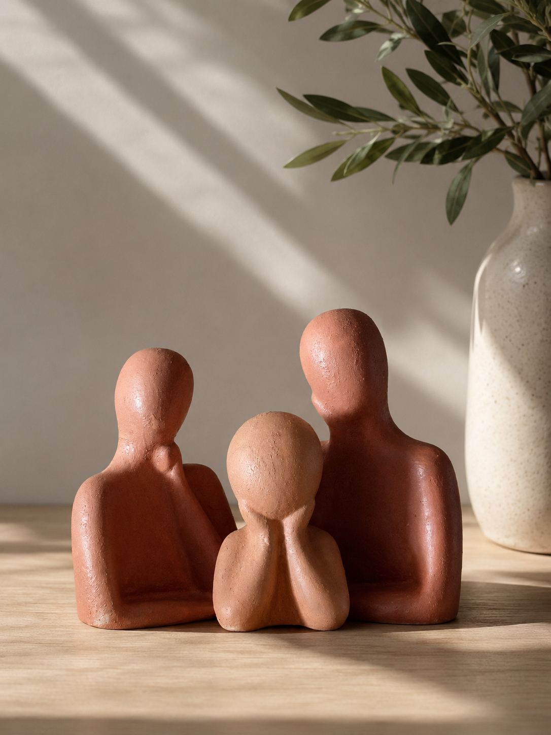 In Harmony handcrafted terracotta family sculpture — father, mother and child figures