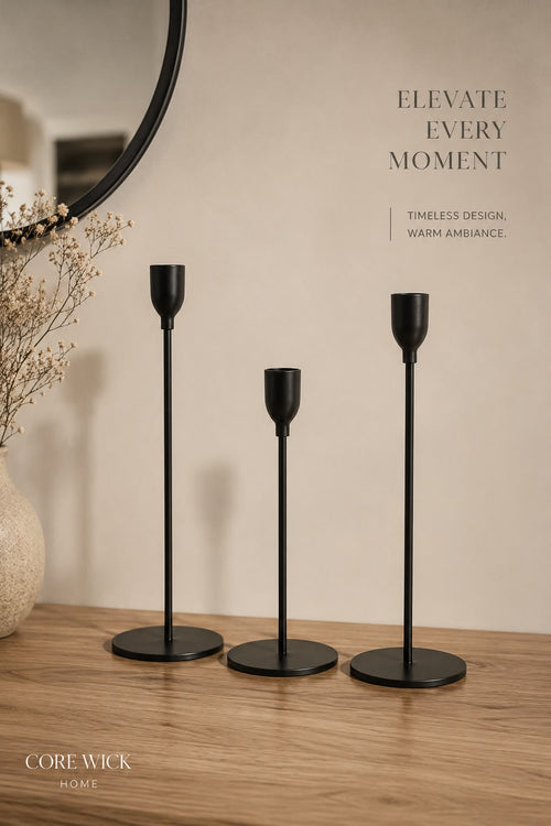 Candle Holder Trio in black — set of 3 taper candle holders in varying heights