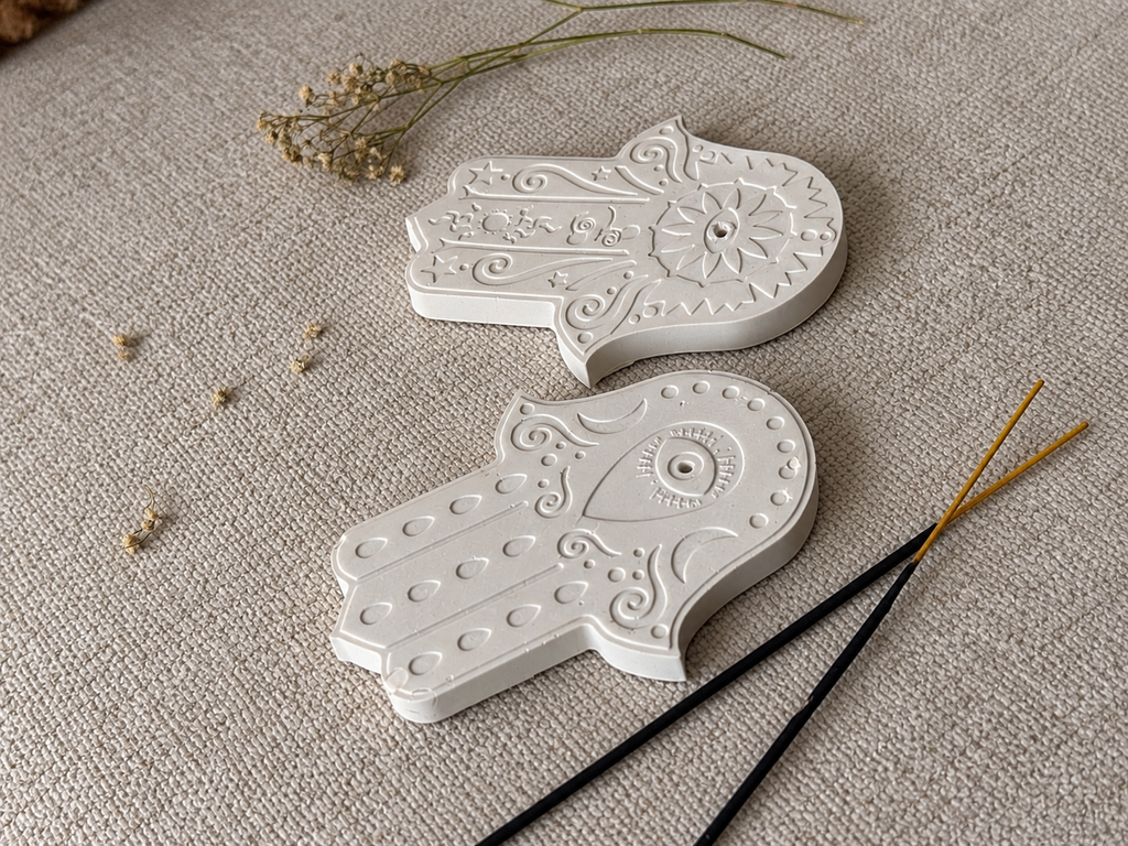 Hamsa incense holder flat lay showing two pieces