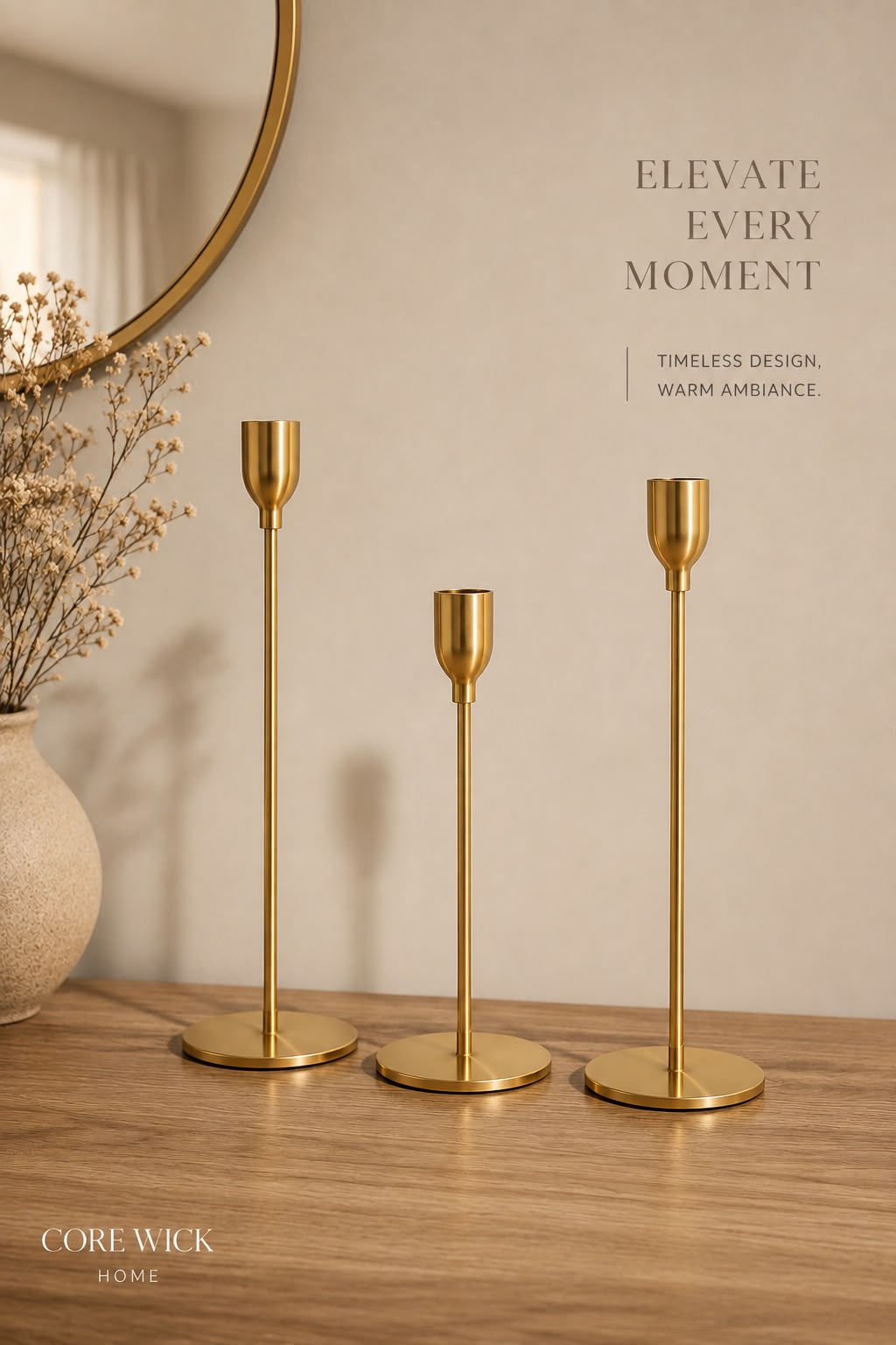 Candle Holder Trio in gold — set of 3 taper candle holders in varying heights
