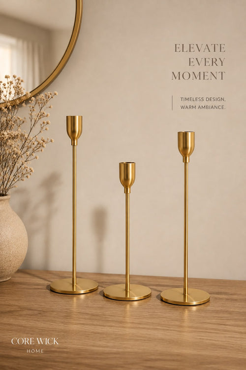 Candle Holder Trio in gold — set of 3 taper candle holders in varying heights