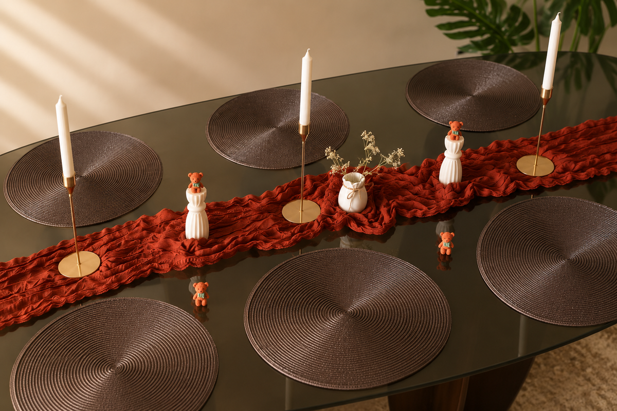 Ember table set – full table overhead view with gold candleholders