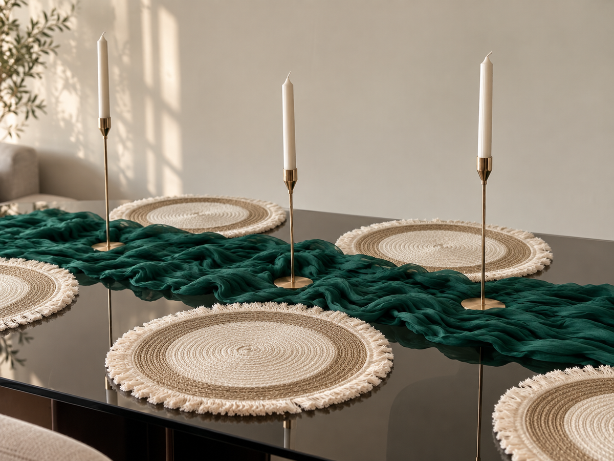 Round fringe woven jute placemats styled on a dark dining table with an emerald green linen runner and brass candlesticks