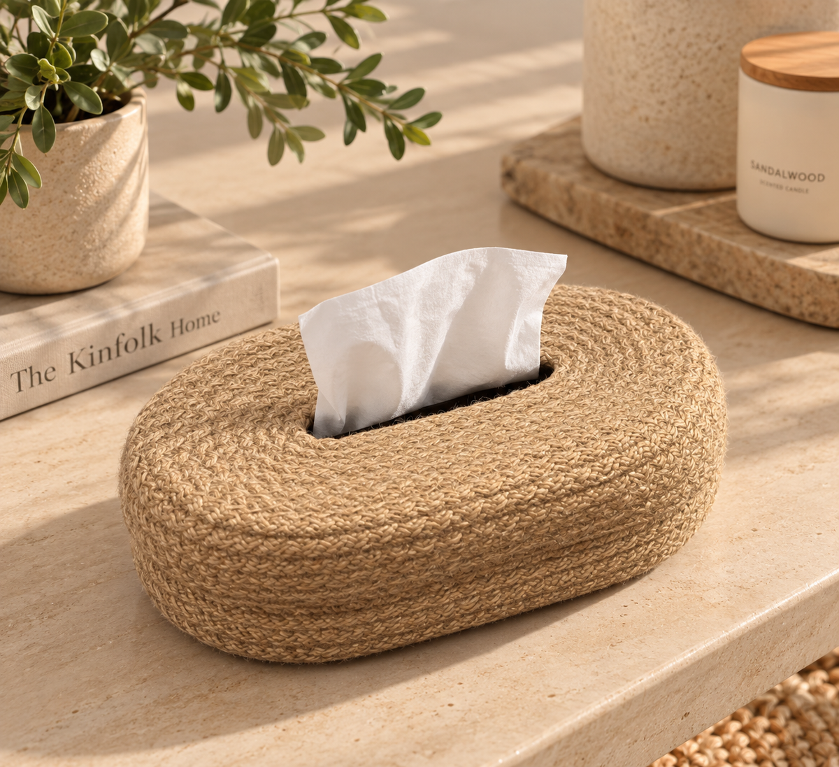 Woven tissue box cover in white braided cotton on a marble surface