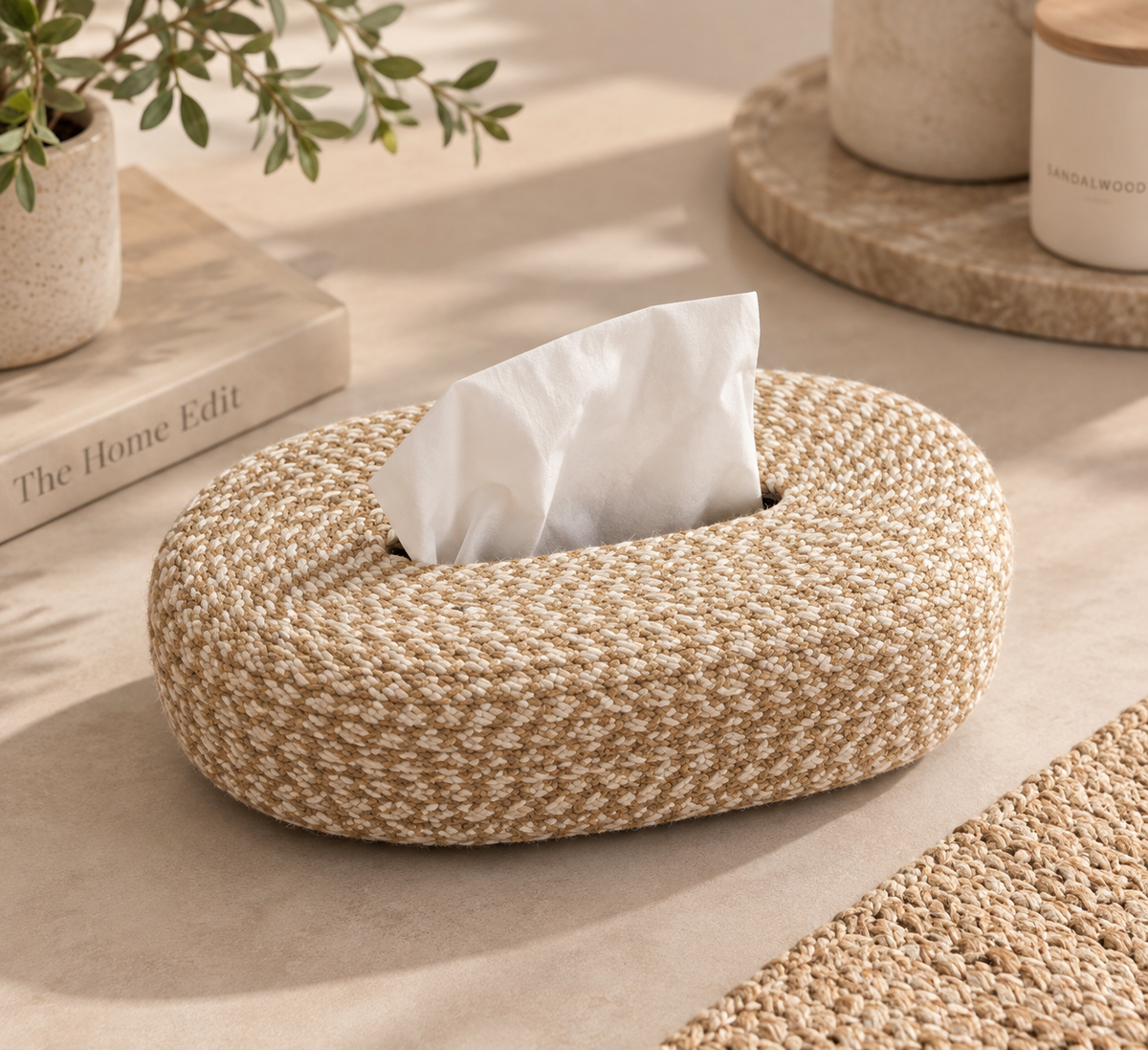 Woven tissue box cover in natural jute on a stone surface
