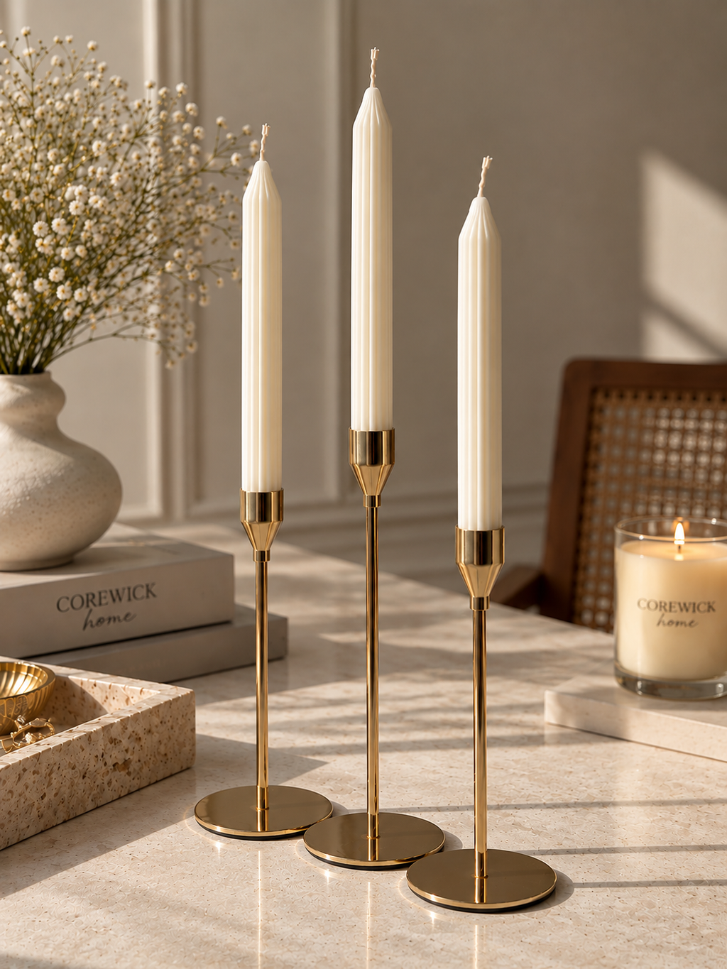 Gold candlestick set of 3 with classic white taper candles styled with CoreWick candle