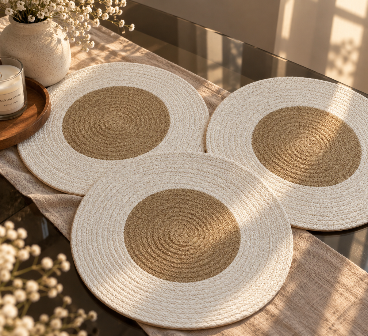 Three round woven placemats with natural jute centre and white braided border on a dining table