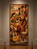 Jazz Symphony – original acrylic painting featuring musicians, instruments, and musical notes in warm earthy tones