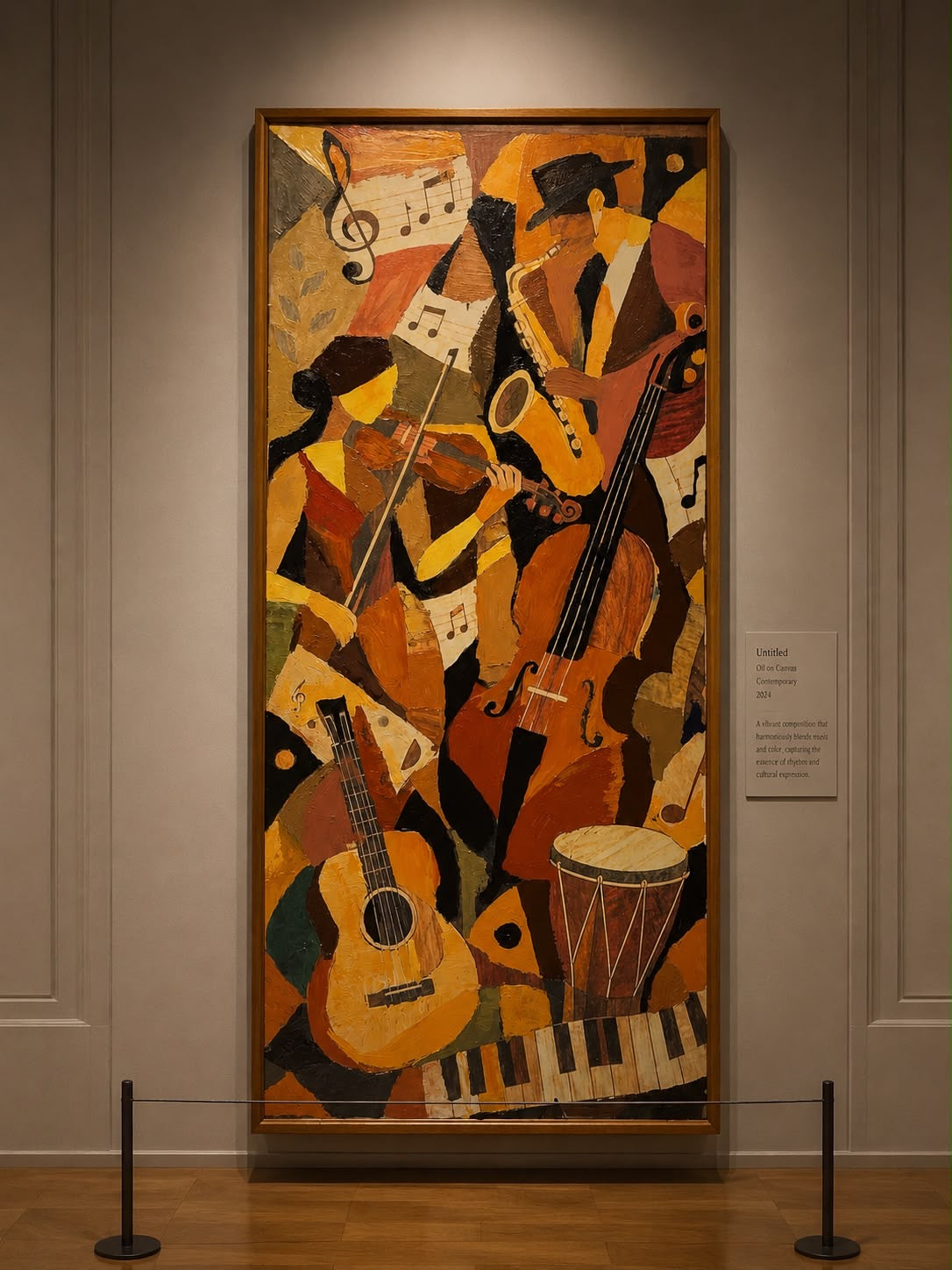 Jazz Symphony – original acrylic painting featuring musicians, instruments, and musical notes in warm earthy tones